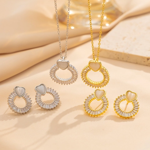 Heart Cat Eye Stone Necklace And Earrings Titanium Steel Copper Zircon Light Luxury Fashion Women Elegant Jewelry