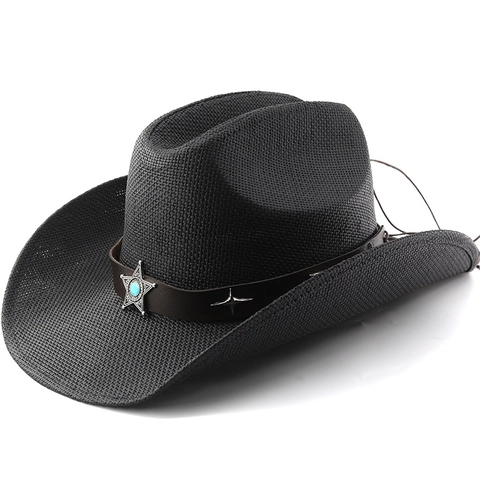 Western Cowboy Straw Hat Wide Brim Sun Protection Braided Paper Hat With Leather Band Metal Star Turquoise Decor