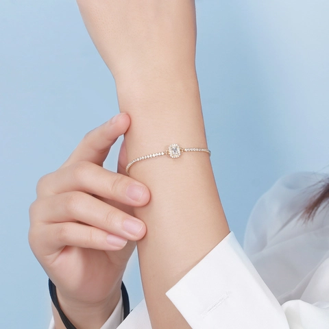 Bracelet en Argent Sterling S925 pour Femmes Zirconia Rectangle Chaîne Tennis Ajustable Plaqué Or Argent Bijoux Élégants Cadeau