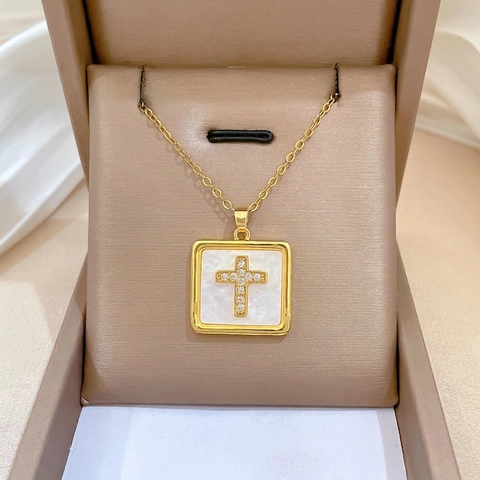 Square Cross Pendant Necklace Titanium Stainless Steel Gold Mother Of Artificial Pearl Shell Rhinestone Inlay Elegant Women Accessory