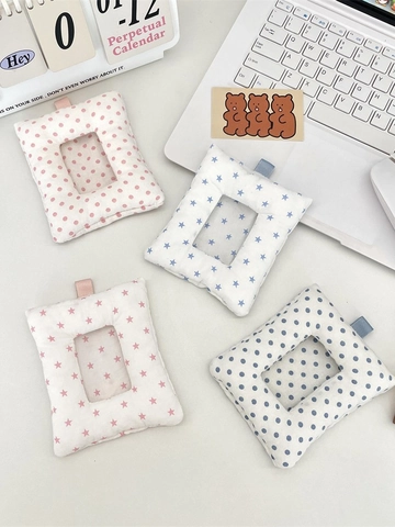 Porte Carte Rembourré Kawaii Étui Photo En Tissu Souple Avec Fenêtre Transparente Et Boucle De Suspension Motif Étoile Pois Pour Étudiants