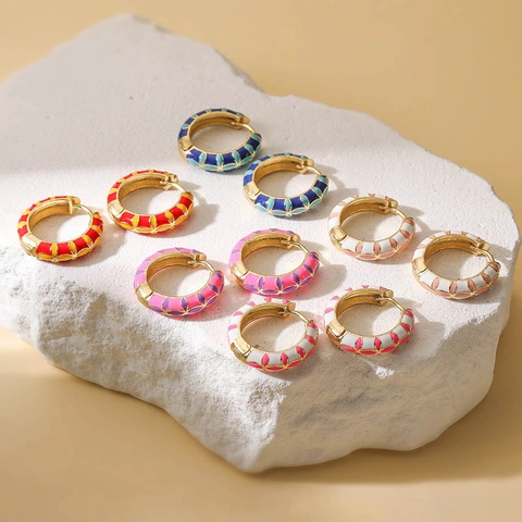 Fashion Copper Enamel Flower Hoop Earrings For Women Dopamine Colorful Clover Huggie Earrings Sweet Floral Drip Oil Jewelry