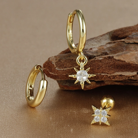 Achtpuntige Ster Ring En Knop Oorbellen Koper Met Zirkonia En 925 Sterling Zilveren Oorstokje Mode Voor Dames