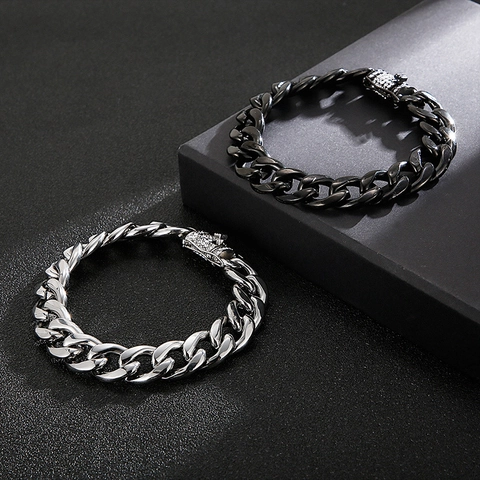 Cuban Link Chain Necklace Stainless Steel With Rhinestones Box Clasp Hip Hop Streetwear Jewelry For Men Fashionable