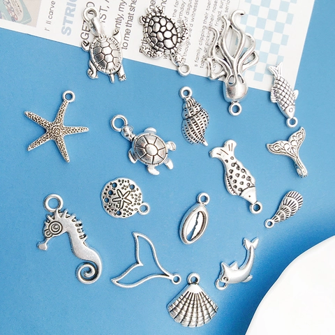 Antique Silver Alloy Ocean Theme Charms Mixed Sea Turtle Starfish Seahorse Mermaid Tail For DIY Jewelry Making Crafts