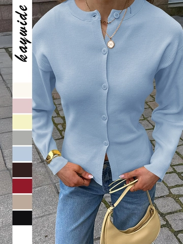 Knit Cardigan Sweater Women Viscose Polyester Polyamide Ribbed Long Sleeve Round Neck Button Down Casual Solid Color Top