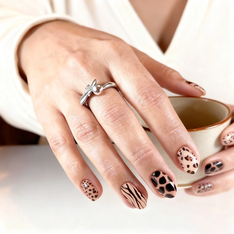 Unghie Finte A Pressione Plastica ABS Forma Mandorla Stampa Animale Leopardo Zebra Moda Minimalista Per Donne Lucide