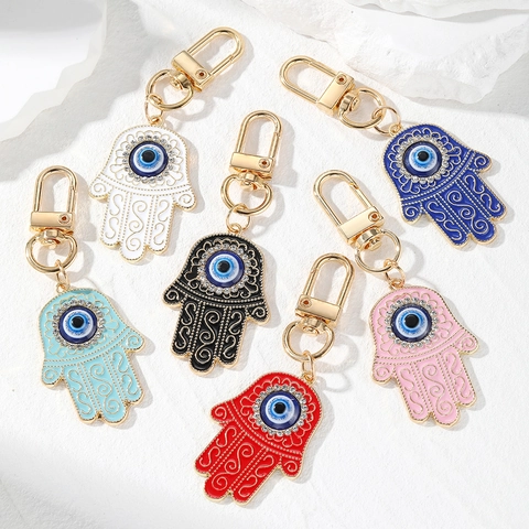 Hamsa Hand Evil Eye Keychain Alloy Enamel Rhinestone Vintage Ethnic Bag Charm Pendant Lucky Amulet Jewelry Gift For Women