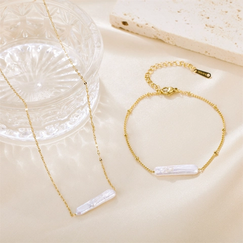 Minimalist Baroque Freshwater Pearl Necklace And Bracelet Gold Plated Stainless Steel Geometric Bar Jewelry Women