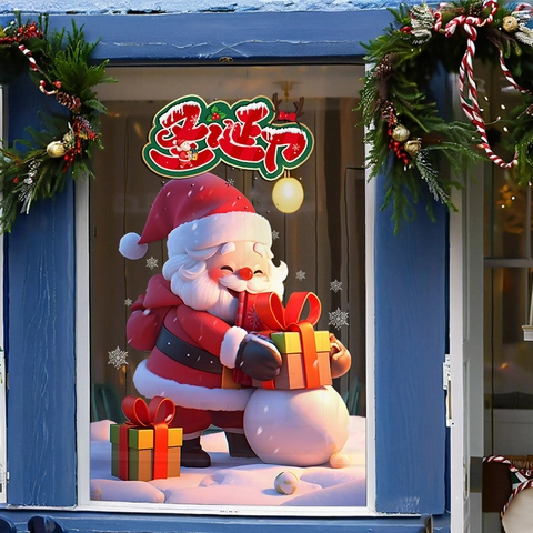 Pegatinas De Ventana De Navidad Papá Noel Muñeco De Nieve PVC Adhesión Estática Color Doble Cara Decoración Festiva Cristal