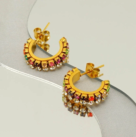 C Form Hoop Ohrringe 18K Vergoldeter Edelstahl Doppelreihig Strass Französischer Retro Mode Schmuck Für Frauen