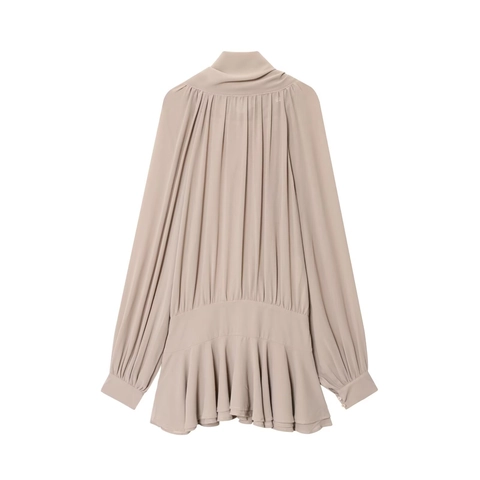 Elegant Chiffon Mini Dress For Women Long Sleeve Mock Neck With Bow Tie Ruffle Hem Pleated Solid Color Fashion Flowing