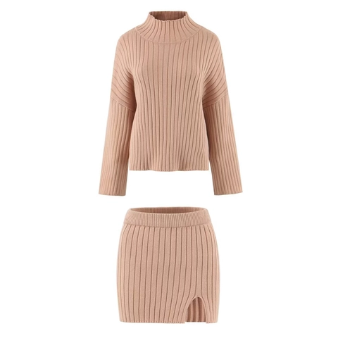Conjunto De Suéter De Cuello Alto Y Minifalda Con Abertura Lateral De Punto Acanalado Para Mujer Casual