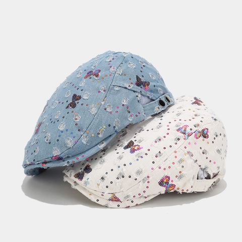 Sequin Butterfly Denim Flat Cap Y2K Retro Distressed Cotton Painter Hat For Women Adjustable Metal Buckle Sweet