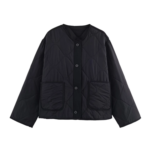 Women Quilted Jacket Lightweight Polyester Diamond Pattern Button Down Round Neck Front Pockets Solid Casual Outerwear