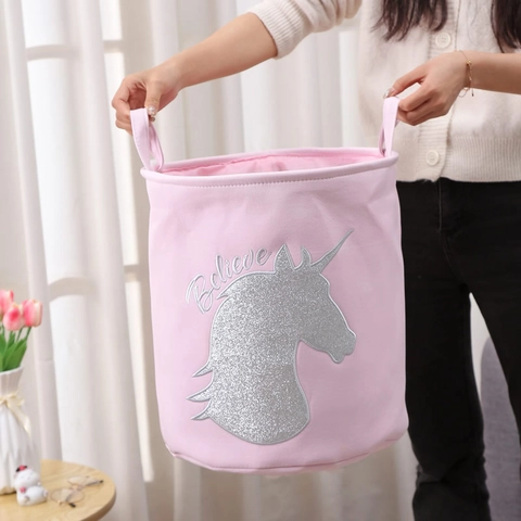 Pink Canvas Laundry Basket Glitter Sequin Unicorn Rabbit Rainbow Storage Bin Dual Handles Kids Girls Nursery Organization