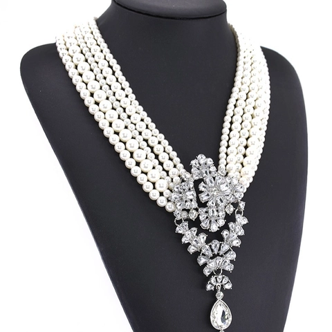 Multi Layer Faux Artificial Pearl Statement Necklace Rhinestone Crystal Water Drop Pendant Vintage Luxury Jewelry For Women