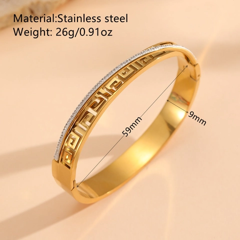 Bracciale Rigido In Acciaio Inossidabile Placcato Oro Motivo Geometrico Cavo Zircone Gioielli Di Lusso Per Donne