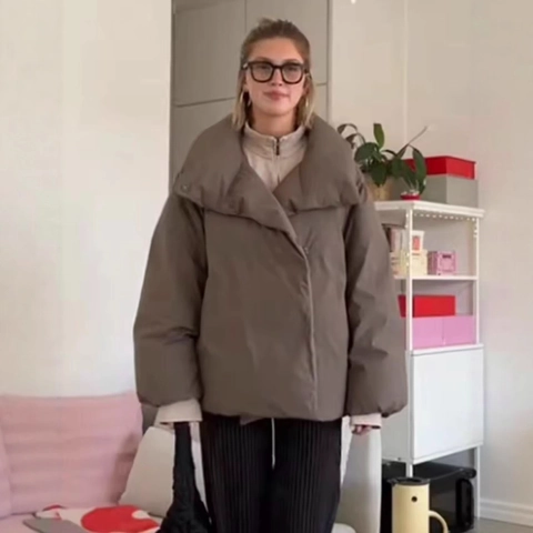 Women Stand Collar Puffer Jacket Cotton Polyester Blend Short Oversized Solid Color Concealed Buttons Warm Outerwear