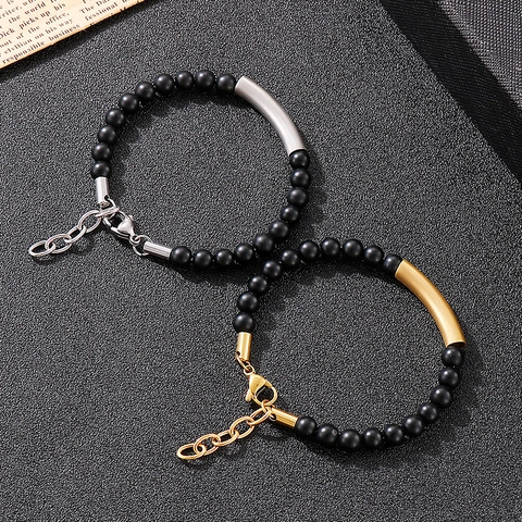 Vintage Black Matte Agate Beaded Bracelet With Stainless Steel Curved Tube And Rhinestone Adjustable Jewelry For Men
