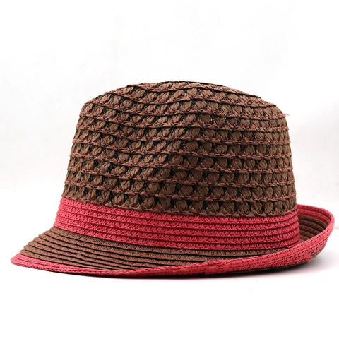 Ademende Stro Fedora Hoed Zomer Strand Zonbescherming Unisex Jazz Cap Casual Contrastkleur Bruin Fuchsia
