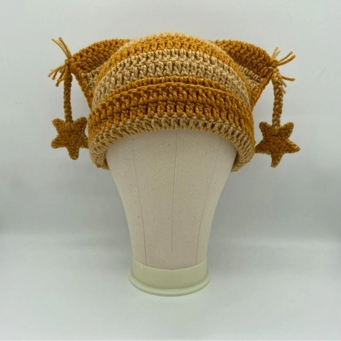 Handmade Crochet Cat Ear Beanie Hat With Star Charms Striped Winter Warm Knit Hat For Women Y2K Punk Tassel Pullover Cap