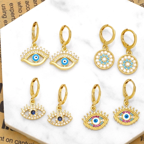 Vintage Copper Evil Eye Hoop Earrings With Zirconia Gold Plated Ethnic Geometric Drop Earrings For Women Jewelry Gift