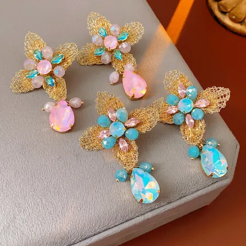 Vintage Flower Water Drop Dangle Earrings Copper With Rhinestone Crystal And Silver Earring Post