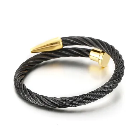 Twisted Wire Cable Nail Bangle Stainless Steel Open Cuff Bracelet For Men Trendy Punk Style Jewelry Black And Gold