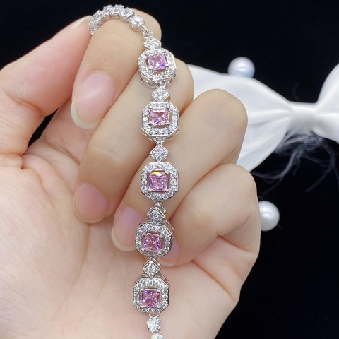 Luxurious Colored Zirconia Princess Square Bracelet For Women Silver Gold Plated Pave Rhinestone Tennis Bracelet Jewelry