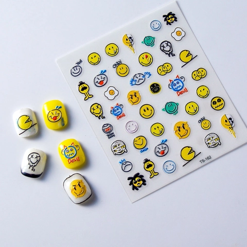 Adesivi Unghie 5D Rilievo Divertente Faccia Sorridente Gialla Emoji Impermeabile Autoadesivo DIY Manicure Decorazione
