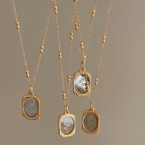 Vintage Rose Relief Mirror Pendant Necklace For Women Gold Plated Stainless Steel Ball Chain Long Necklace Jewelry Gift