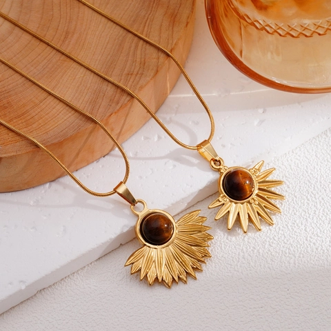 Collana Con Pendente Girasole Bohémien Acciaio Inossidabile Pietra Occhio Di Tigre Naturale Gioielli Radiosi Per Donna