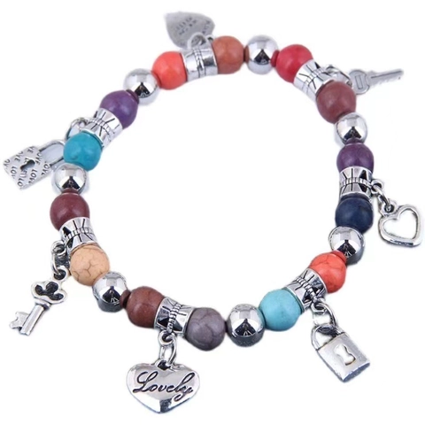Böhmisches Perlenarmband Für Damen Türkis Stein Legierung Herz Schlüssel Schloss Anhänger Elastischer Retro Modeschmuck