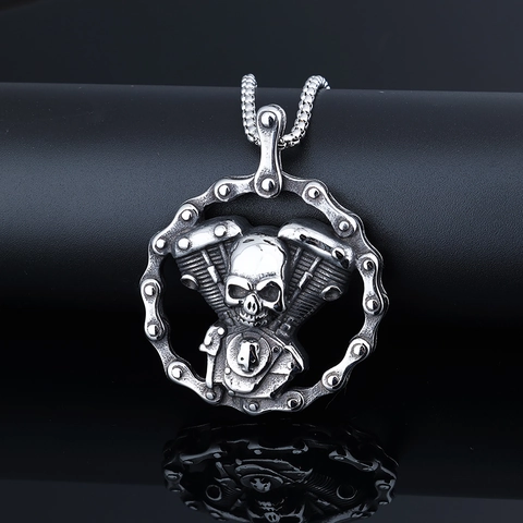 Collar Colgante Acero Inoxidable Calavera Motor Motocicleta Biker Punk Gótico Joyería Plata Vintage Hombre