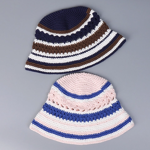 Handgemaakte Gehaakte Bucket Hat Katoen Gestreepte Holle Gebreide Zonbescherming Opvouwbaar Casual Vintage Accessoires Voor Dames
