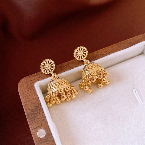 Boucles D'oreilles Jhumka Cloche Creuse Style Ethnique Cuivre Plaqué Or 14K Avec Tige En Argent Style Vintage Pour Femme