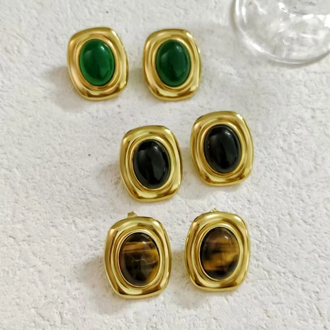 Vintage Geometric Oval Stud Earrings Stainless Steel 18K Gold Plated Black Agate Tiger Eye Stone Niche Jewelry Women