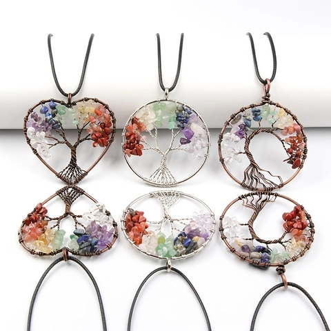 Handmade Wire Wrapped Tree of Life Pendant Necklace with Natural Crystal Stones Heart Round Antique Bronze Silver Copper