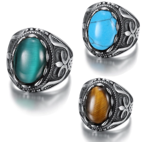 Vintage Signet Ring Stainless Steel With Oval Tiger Eye Turquoise Gemstone Engraved Retro Punk Jewelry For Men
