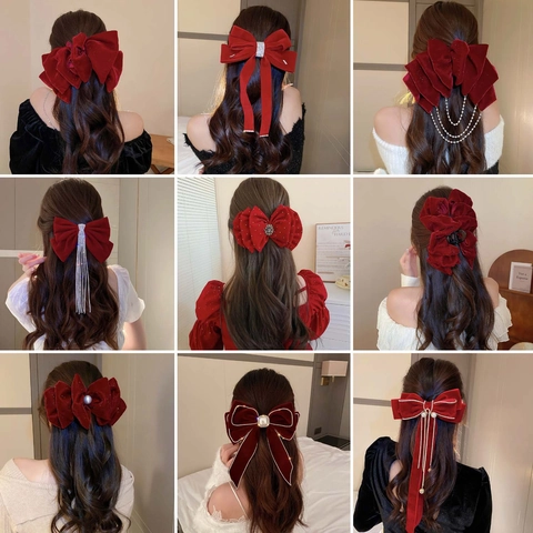 Molletta Per Capelli Con Fiocco In Velluto Rosso Strass Perla Artificial Nappa Elegante Festivo Artiglio Per Capelli Per Donna