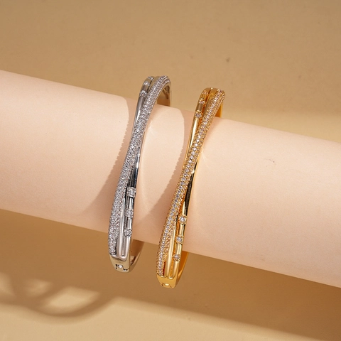 Crossover Bangle Bracelet Copper Gold Plated Double Row Micro Pave Cubic Zirconia Elegant Fashion Jewelry For Women