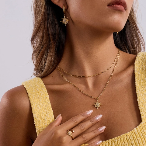 Sonnenstrahl Halskette Ohrringe Ring Schmuck Damen Vergoldet Edelstahl Rhinestone Doppelreihige Büroklammer Kette Luxus