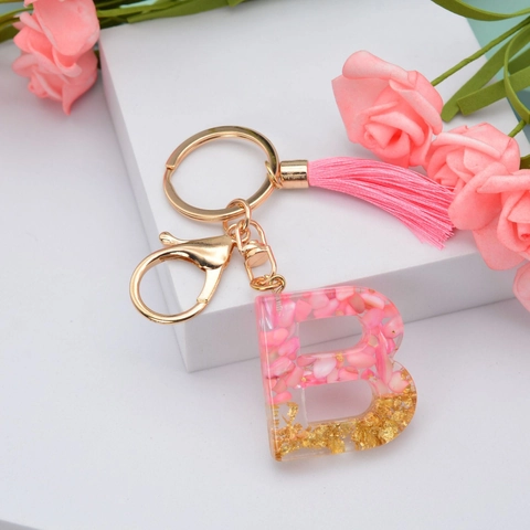 Llavero del Alfabeto de Resina Rosa de Moda Con Hoja de Oro y Colgante de Borla para Accesorios de Bolso Mujer Llavero Letra