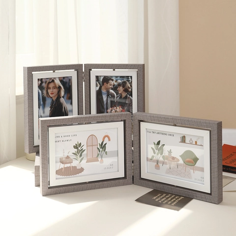 Rotating Photo Frame Double Sided Wood Texture Foldable Desktop Picture Holder Modern Minimalist Home Decor Gift