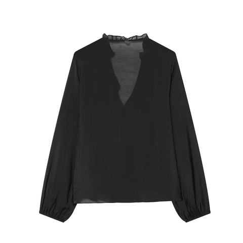 Damen Bluse V Ausschnitt Volant Langarm Bubble Sleeve Einfarbig Lose Französischer Stil Elegante Oberteile