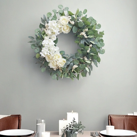 Artificial Eucalyptus Rose Wreath White Faux Satin Flower Hydrangea Berries Front Door Wall Hanging Christmas Wedding Decor Farmhouse