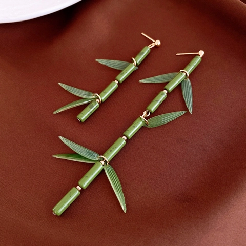 Green Bamboo Knot And Leaf Asymmetric Long Drop Earrings Resin Jewelry With Silver Earring Post Chinese Style Women