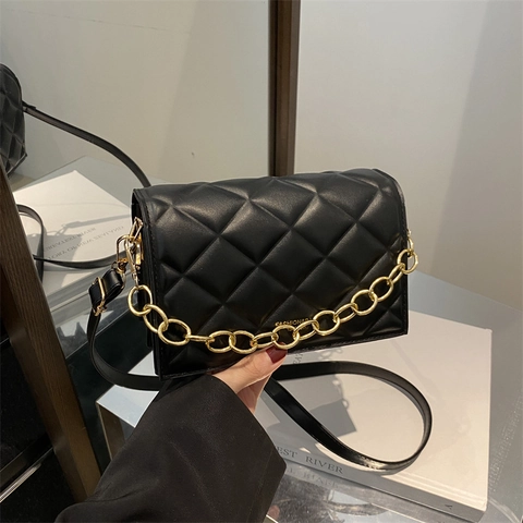Women Quilted Crossbody Bag PU Leather Mini Square Purse With Gold Chain Strap Vintage Simple Shoulder Handbag