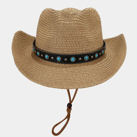 Western Cowboy Straw Hat With Turquoise Beads Faux Leather Band Wide Brim Sun Protection Ethnic Boho Style For Women